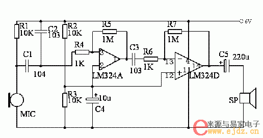 用四运放LM324制作高灵敏度声音探听器