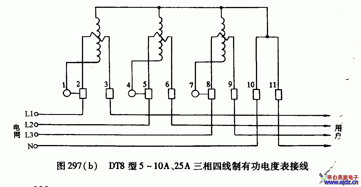 3种DT8型三相四线制电度表接线线路图