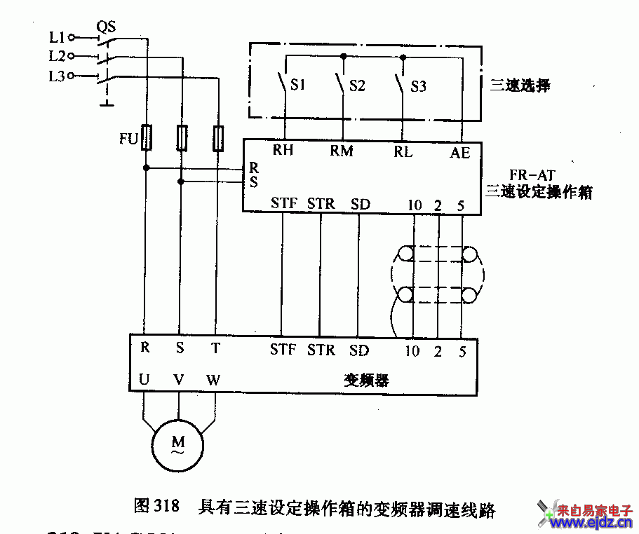 具有三速设定操作箱的变频器调速线路图