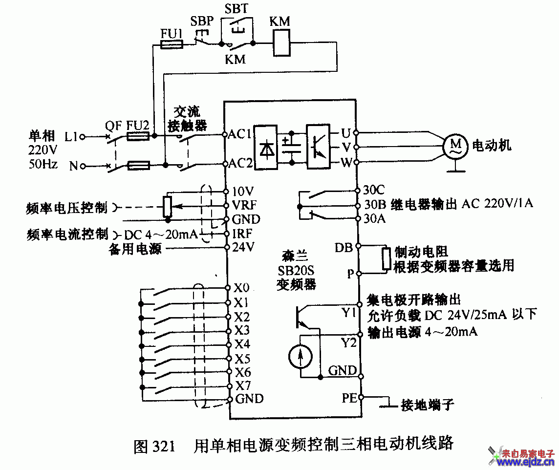 用单相电源变频控制三相电动机线路图