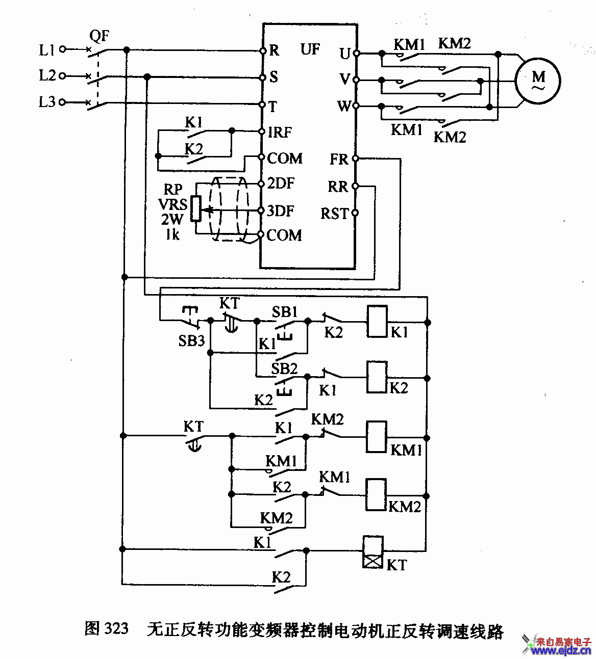 无正反转功能变频器控制电动机正反转调速线路图