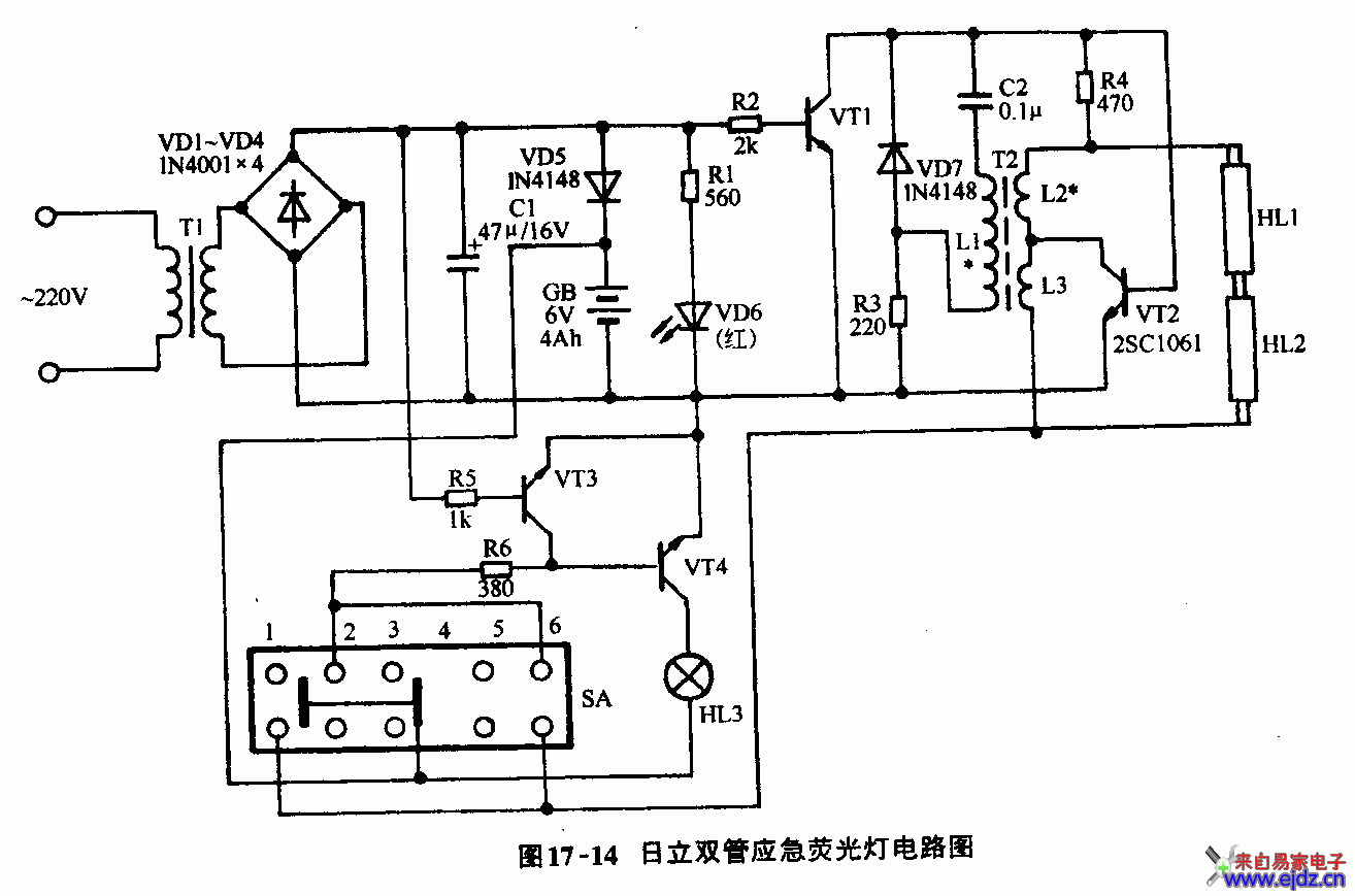 日立双管应急荧光灯电路图