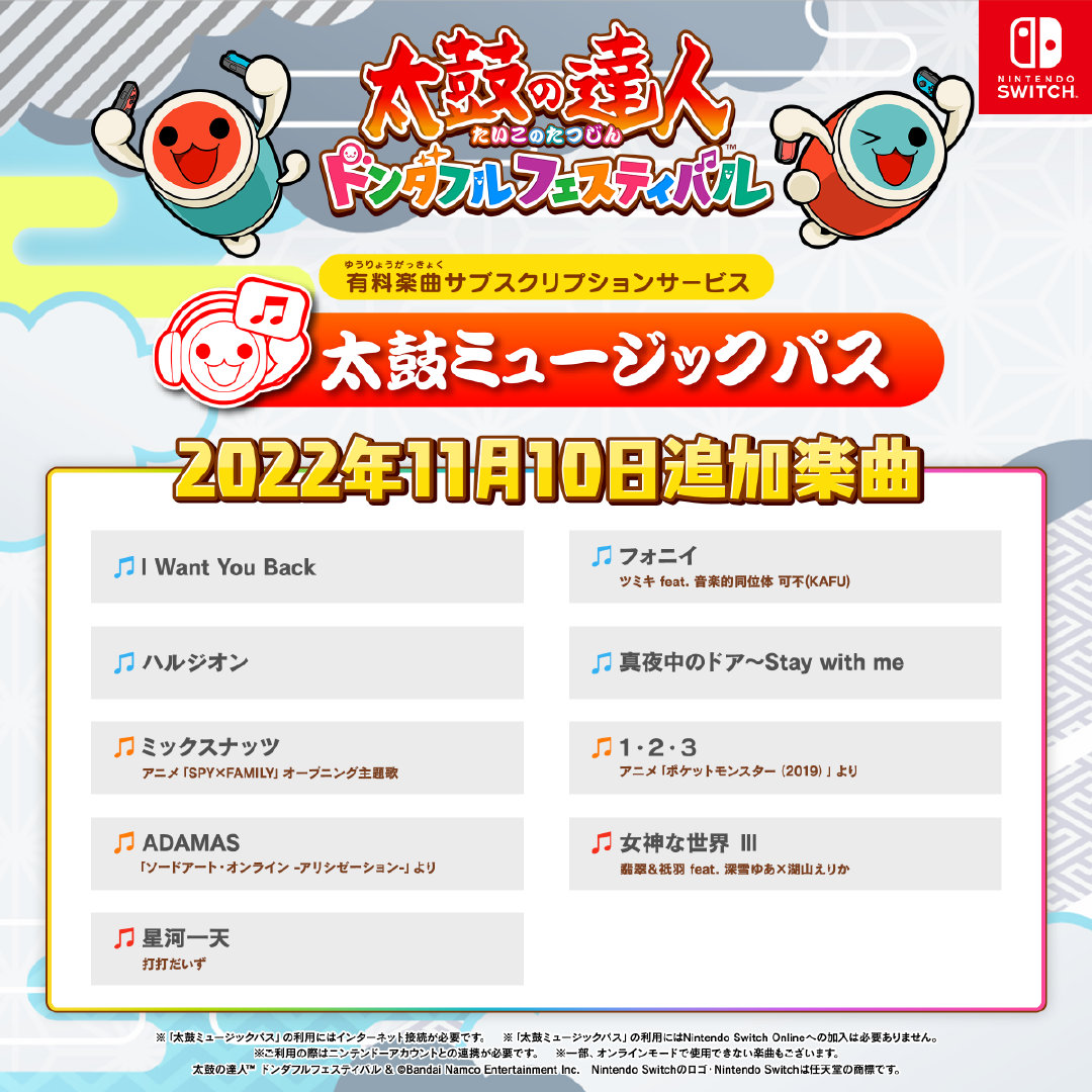 《太鼓达人 咚咚雷音祭》公布“太鼓音乐通行证”11月10日新增曲目