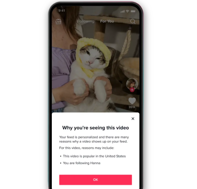 TikTok向用户公开算法，解释推荐某个特定视频的原因