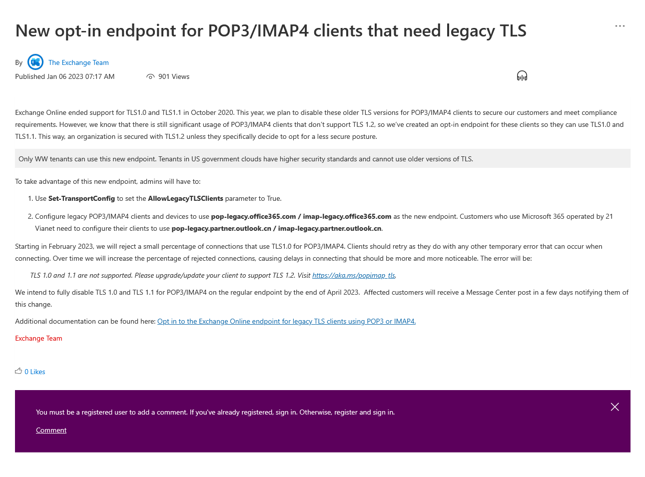 微软宣布 Exchange Onlin：将终止POP3和IMAP4的TLS 1.0/1.1 支持