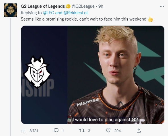 欧成回归！LEC和G2官方推特联动整活：Rekkles是个潜力不俗的新人