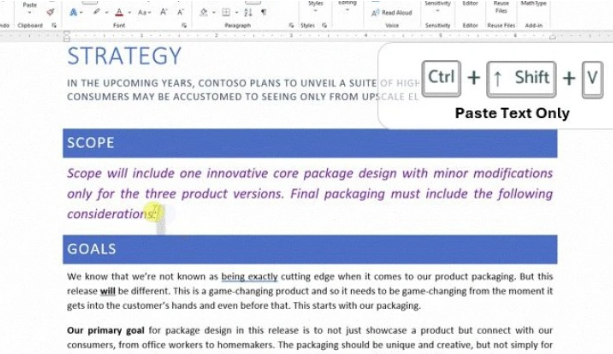 微软Office Word测试“仅粘贴文本”快捷键：Ctrl + Shift + V