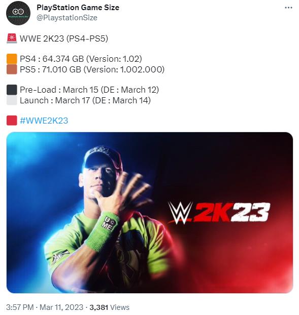 《WWE 2K23》PS容量大小公开！PS5大小71GB