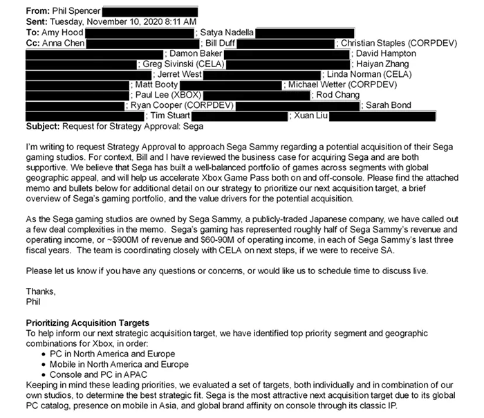 FTC诉微软听证会内部文件显示，斯宾塞曾提出过收购世嘉