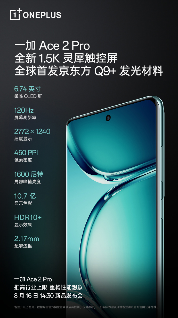 《一加Ace 2 Pro》智能手机最新资讯：采用全新 1.5K 灵犀触控屏