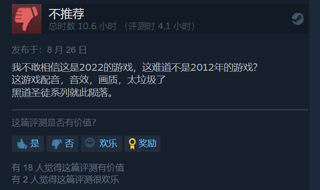  黑道 圣徒：重启版 Steam褒贬不一 正3折促销