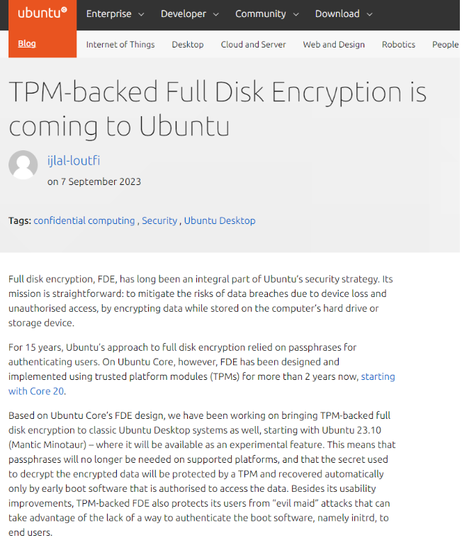 Ubuntu 23.10将支持TPM全磁盘加密功能