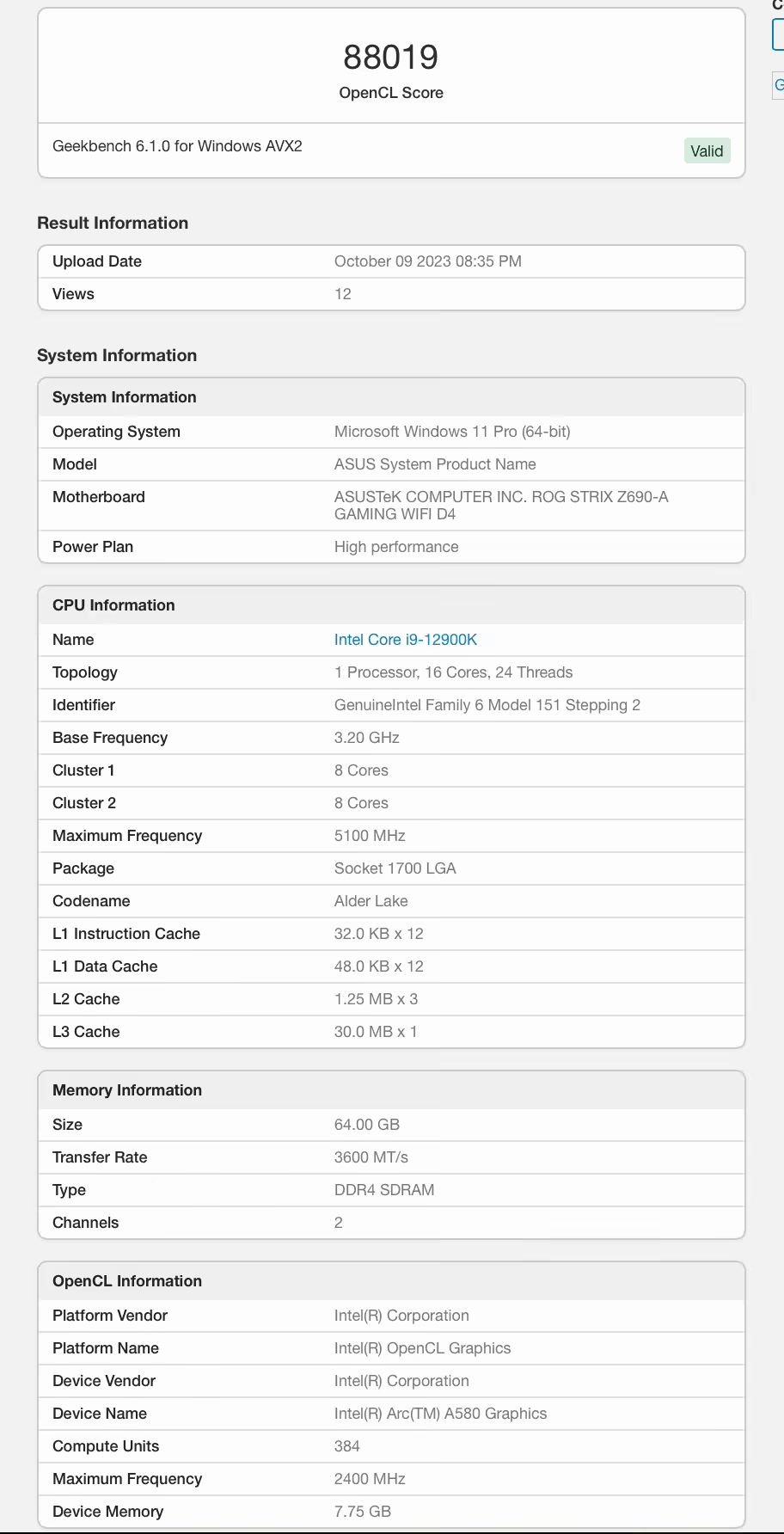 英特尔A580显卡跑分稍低于RTX3060