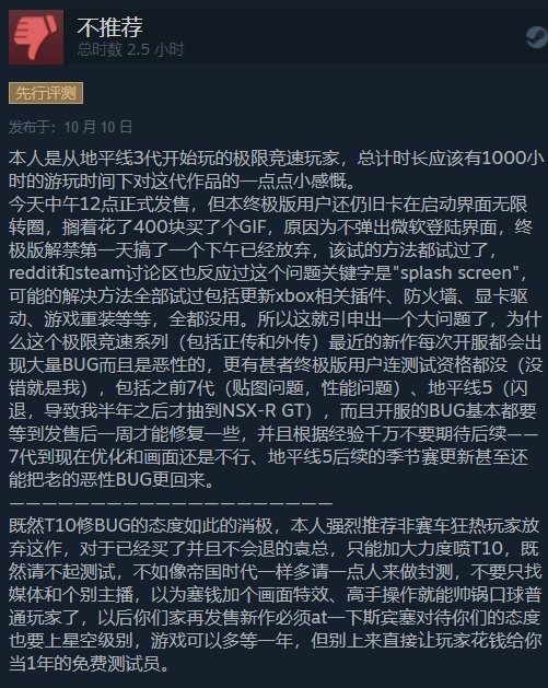 《极限竞速8》发售后Steam平台评价