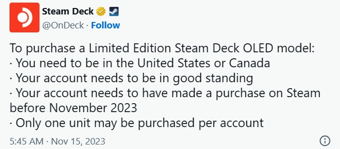 V社公布：Steam Deck OLED限购条件