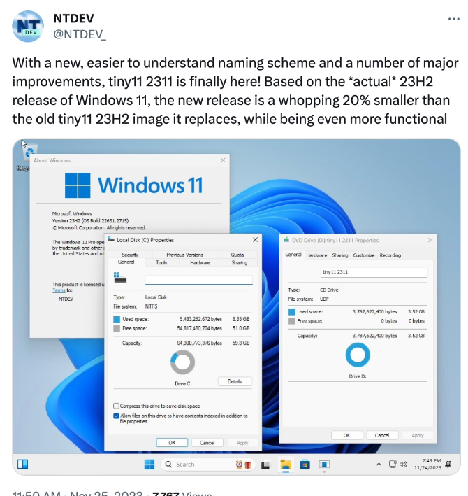 “极简版Win11”Tiny11更新23H2版本，体积继续减小20%