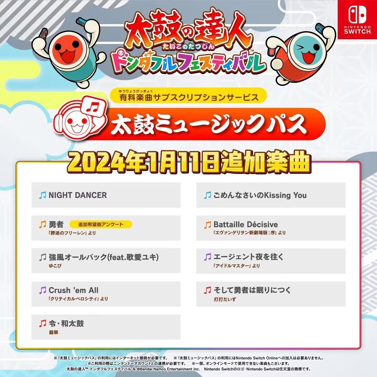 《太鼓达人：咚咚雷音祭》太鼓Pass将于1月11日加入新曲目