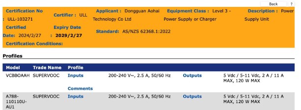  OPPO 推出全新120W SUPERVOOC超级闪充，新款充电器已顺利通过ERAC权威认证