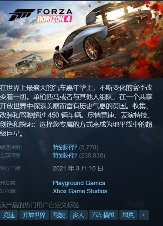 Steam特惠来袭，《极限竞速：地平线4》2折优惠