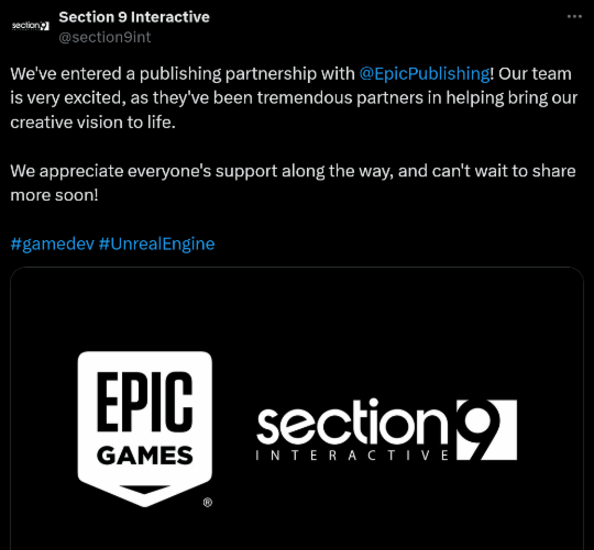 Section 9 Interactive与Epic Games达成出版合作协议，共同开发科幻动作游戏