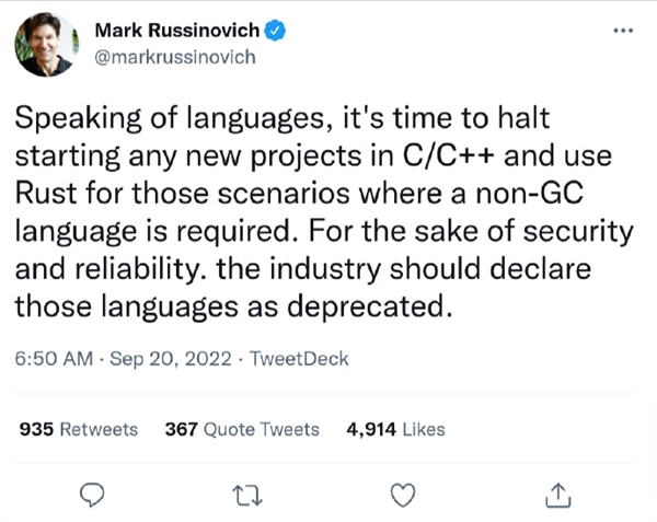 微软一CTO呼吁停用C/C++编：让 Rust可取代之