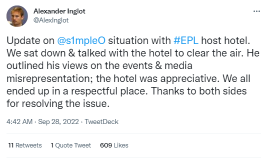 S1mple and the Hotel Reach Amicable Resolution Regarding Hygiene Concerns