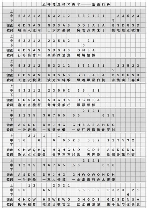 《原神》烟雨行舟琴谱