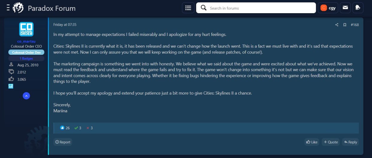 CO社CEO向社区玩家道歉！《城市：天际线2》准备更新十年！